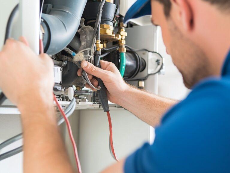 A plumbing engineer servicing a boiler.